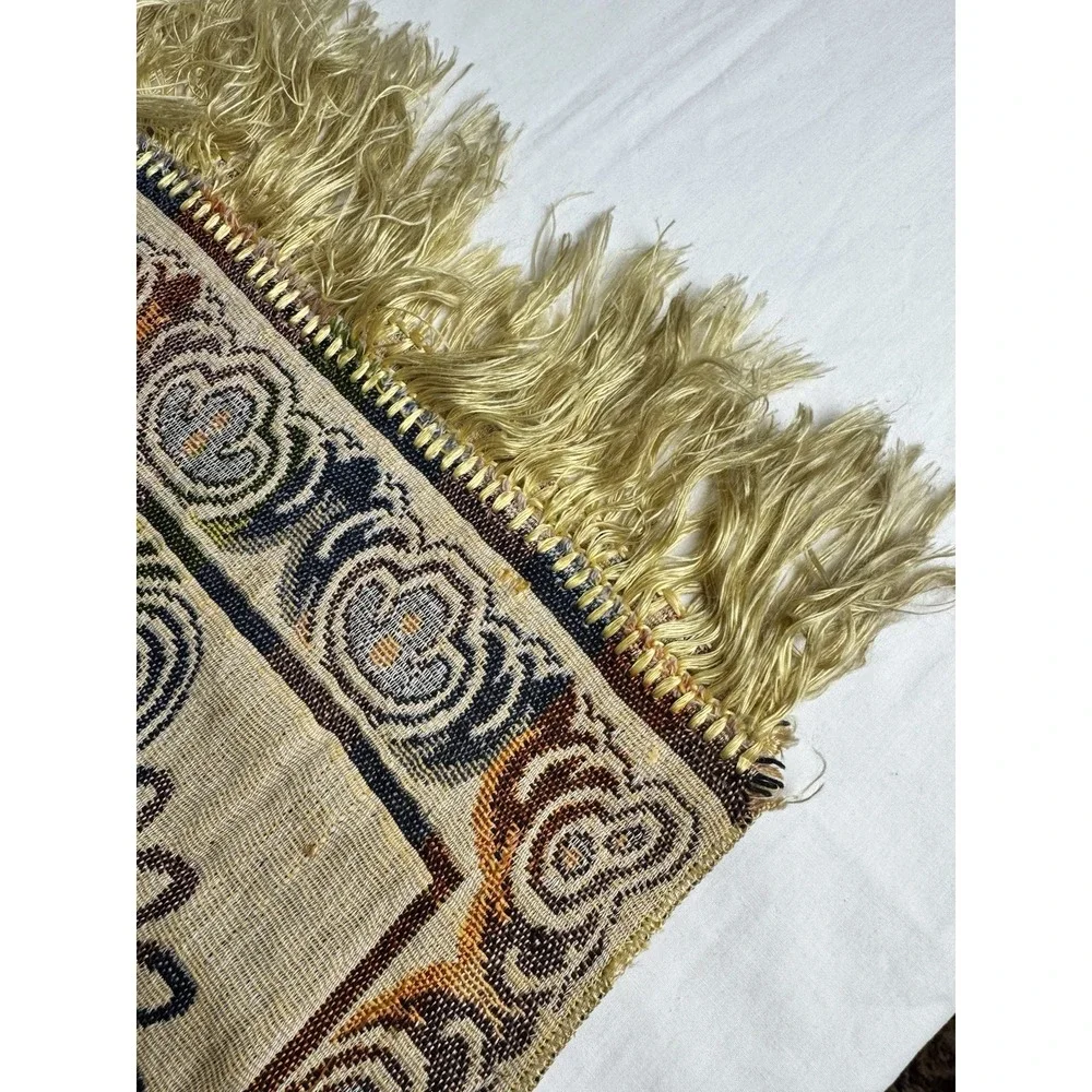 Vintage Woven Tapestry Table Runner Mosque Architecture Floral Fringed Cream